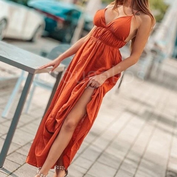 Burnt Orange Cami V-Neck Backless Criss Cross Straps Maxi Dress - Picture 10 of 12